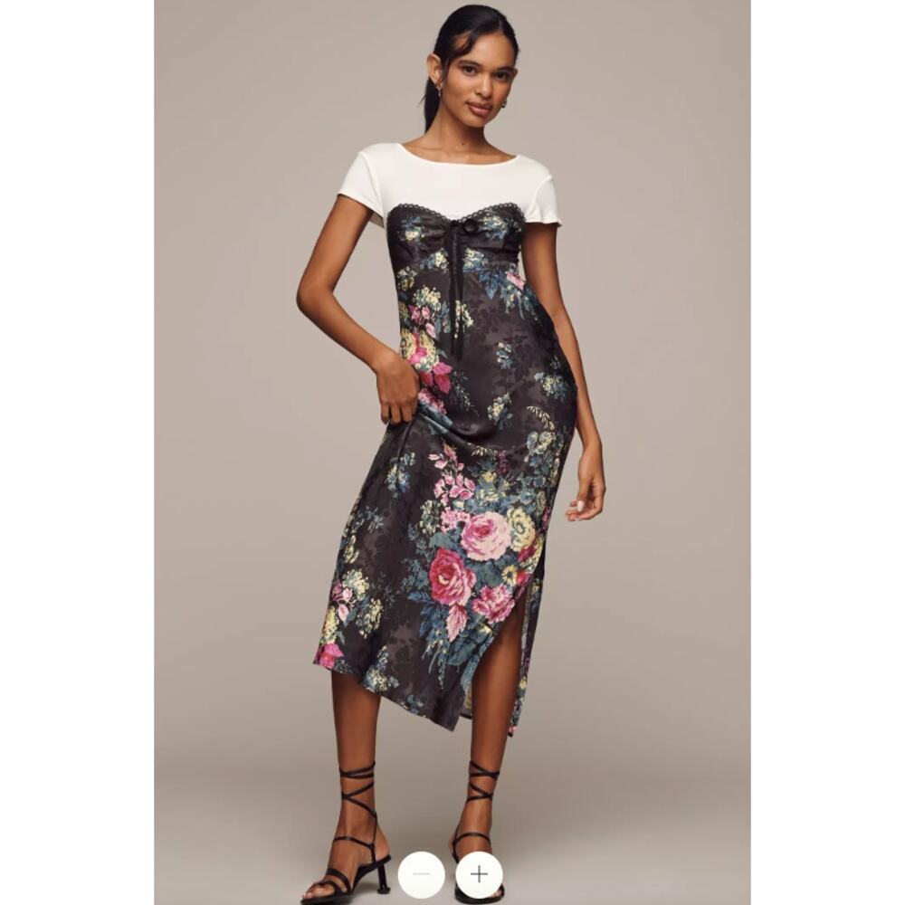 Anthropologie Twofer Black Floral Midi Slip Dress Small NEW NWT